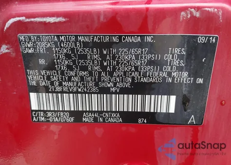 2015 Toyota Rav4 Le from USA, damaged, VIN 2T3BFREV9FW242385